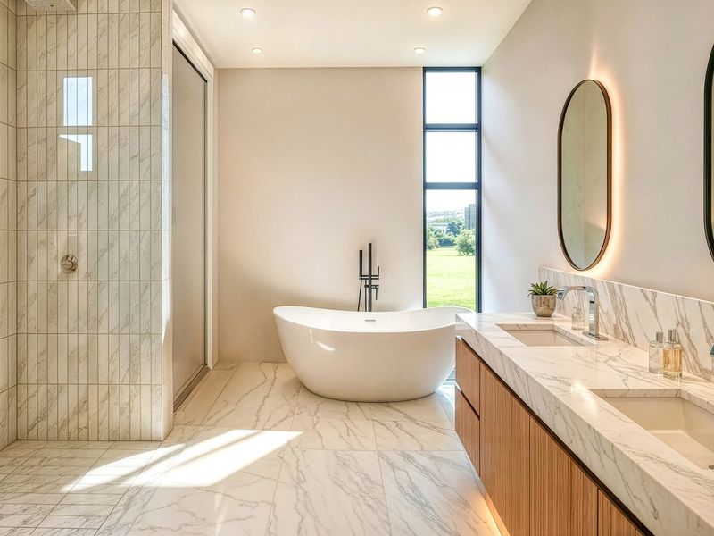 Modern luxury bathroom featuring a freestanding bathtub, double vanity with marble countertop, walk-in shower, and elegant floor-to-ceiling marble-style tiling.