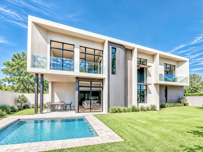 Modern double-story residence featuring a sleek architectural design, covered patio, swimming pool, and well-maintained landscaped garden.