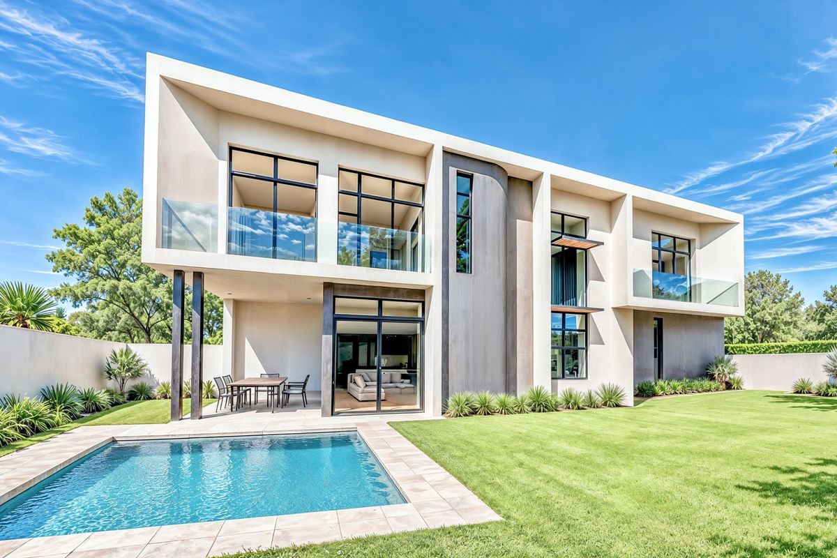 Modern double-story residence featuring a sleek architectural design, covered patio, swimming pool, and well-maintained landscaped garden.