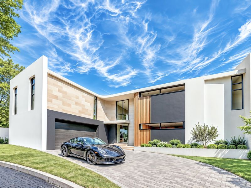 A striking modern architectural home featuring a paved driveway, integrated garage, and a sophisticated facade with stone and timber accents.