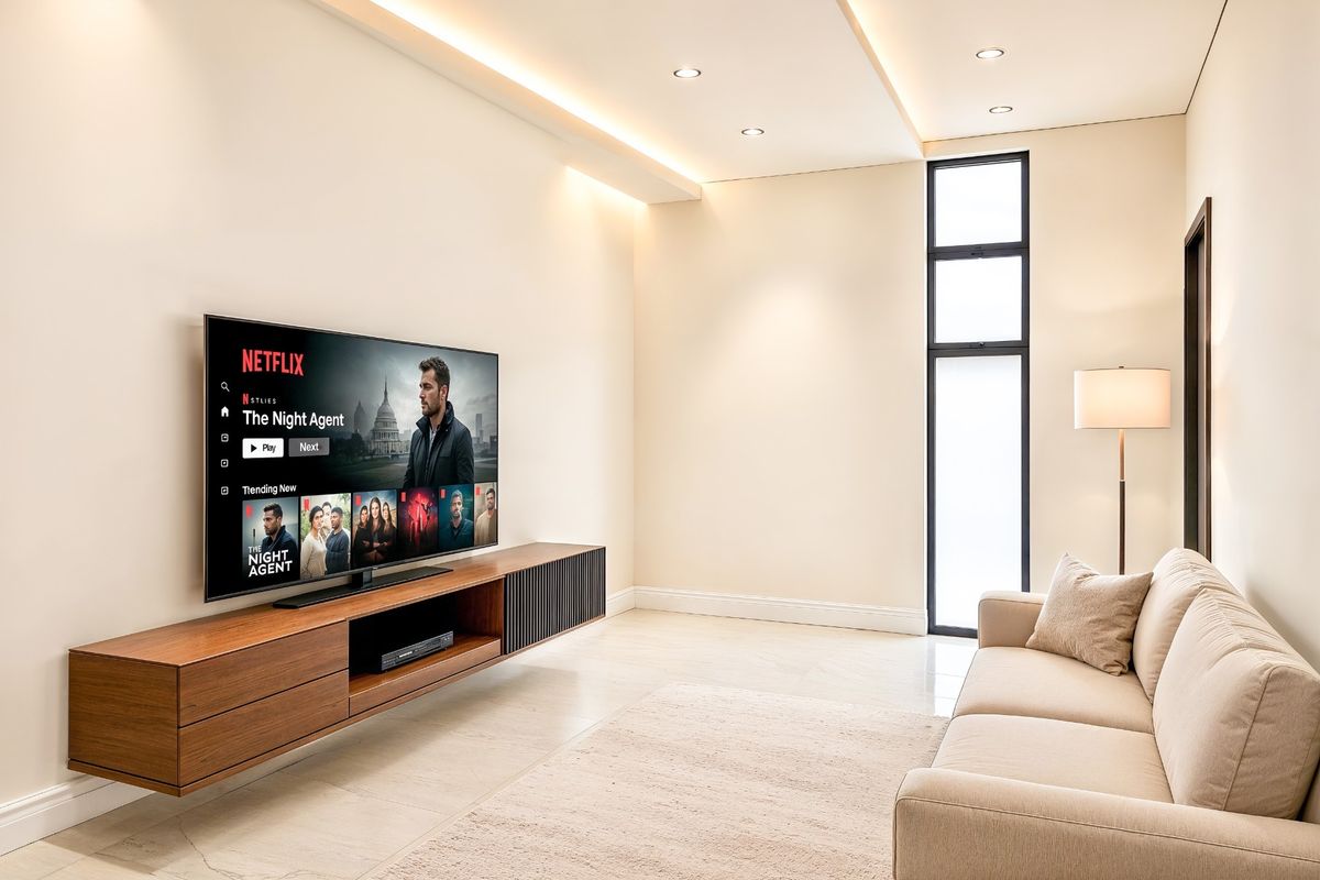 Modern living room featuring recessed cove lighting, tiled flooring, and a sleek wall-mounted media console.