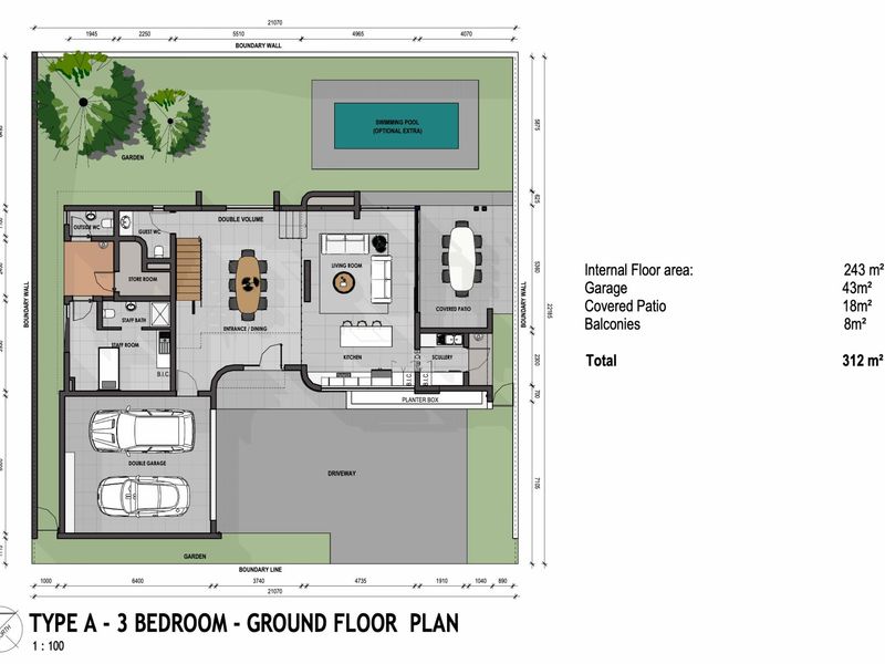 Architectural ground floor plan for a three-bedroom house, detailing the layout, room dimensions, and total floor area of 312 square meters.