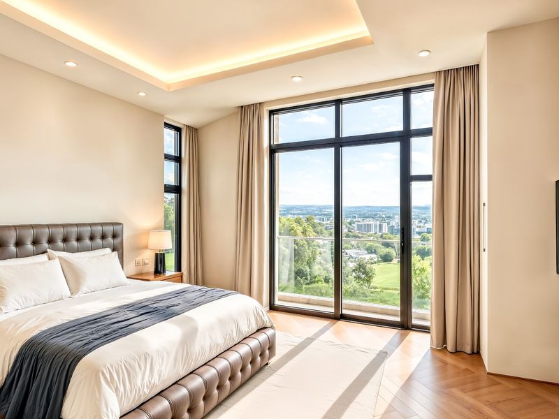 A modern, well-appointed bedroom featuring herringbone hardwood floors, recessed cove lighting, and expansive floor-to-ceiling windows offering panoramic views.