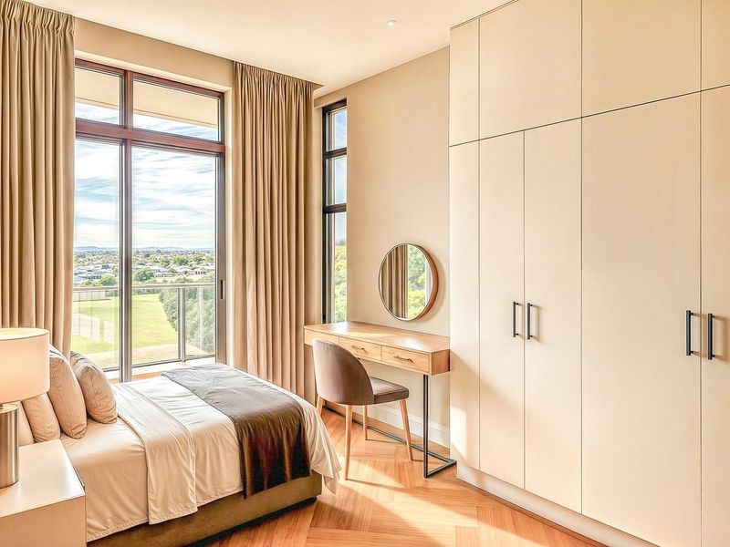 Modern bedroom featuring high-quality herringbone timber flooring, extensive built-in cabinetry, and floor-to-ceiling windows with access to a balcony and scenic views.