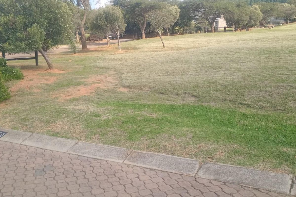 A view of a vacant residential plot featuring a paved driveway, concrete curbing, and established lawn area.