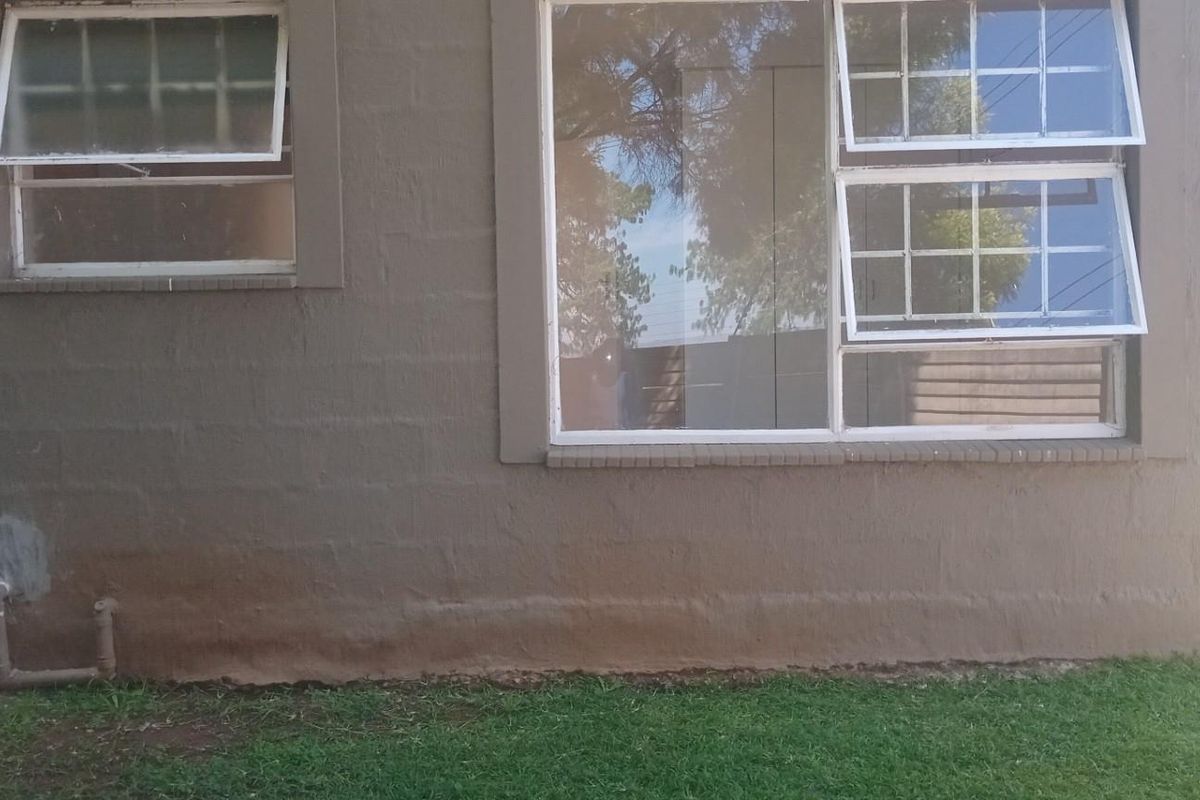 Exterior view of the apartment rear facade featuring steel-framed windows and visible signs of rising damp on the masonry wall.