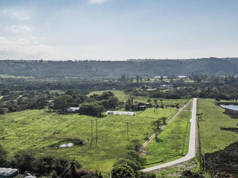 An aerial view of a large residential vacant land plot featuring open green fields, a paved road, and proximity to a water body.