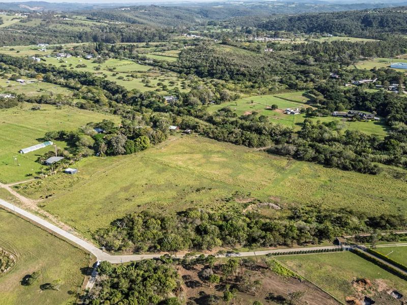 An aerial view of a large, open residential vacant land plot featuring surrounding greenery and access to a local road.