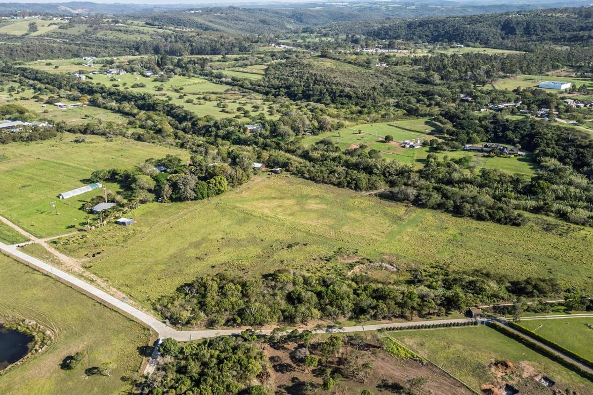 An aerial view of a large, open residential vacant land plot featuring surrounding greenery and access to a local road.