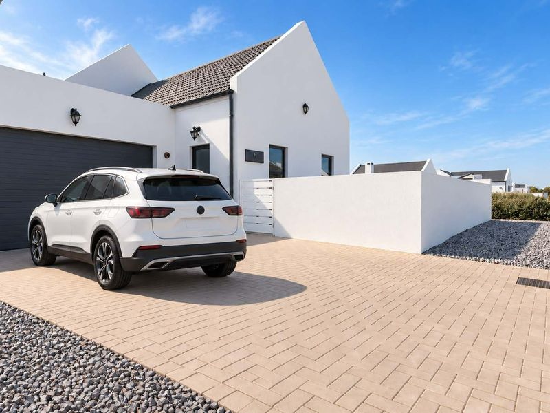 Modern front elevation featuring a paved driveway, double garage, and clean white exterior finishes under a tiled roof.