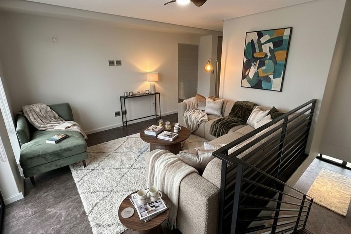 A modern, open-plan living area featuring dark tiled flooring, a sleek black metal staircase railing, and neutral wall finishes.