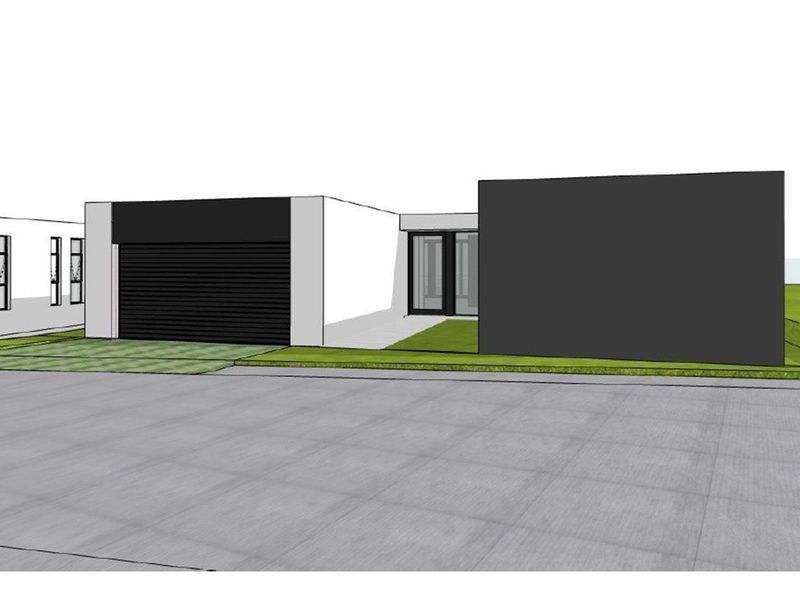 A digital architectural rendering of a modern single-story house featuring a minimalist facade, garage, and paved driveway.