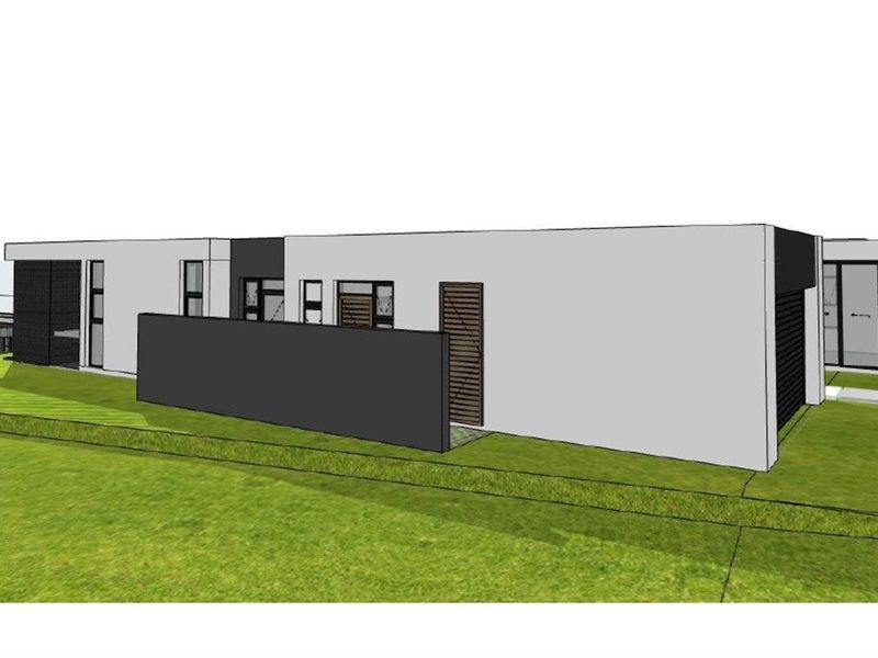 A 3D architectural render showing the front elevation of a modern house with a clean facade and integrated garage.