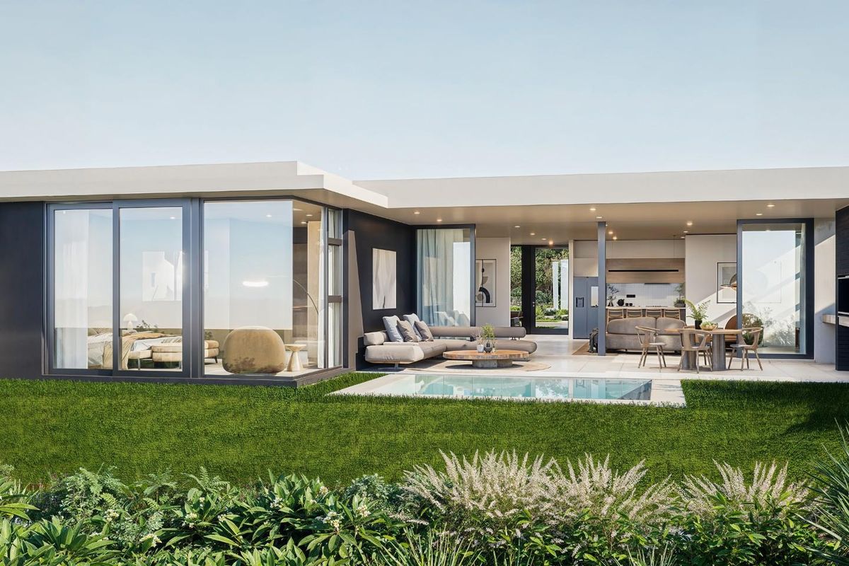 Modern rear exterior view featuring a covered patio, swimming pool, and large sliding glass doors connecting the indoor and outdoor living spaces.