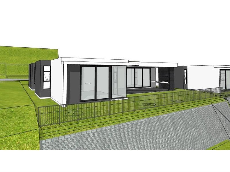 A 3D architectural rendering of a modern home exterior featuring sliding glass doors, a built-in braai area, and a landscaped retaining wall.