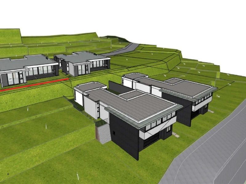 A 3D architectural rendering showing the site layout and exterior design of a modern multi-unit residential development.