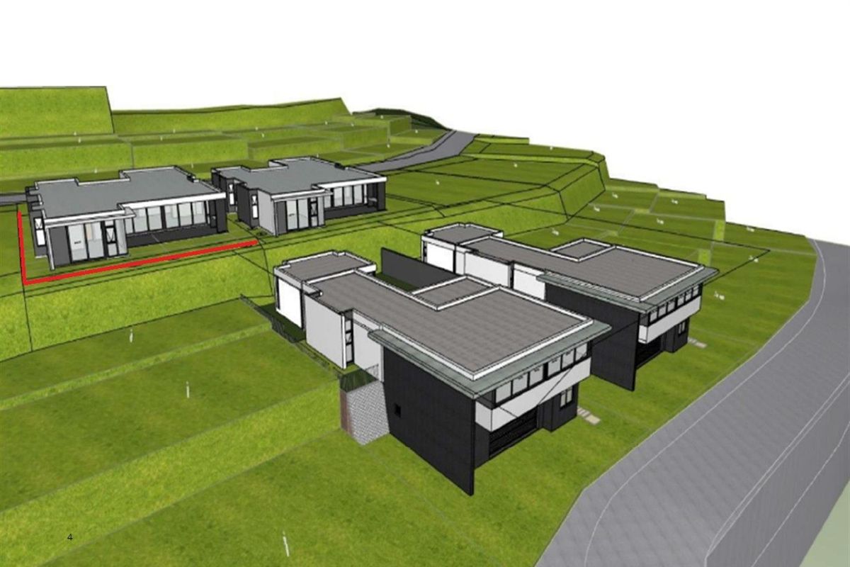 A 3D architectural rendering showing the site layout and exterior design of a modern multi-unit residential development.