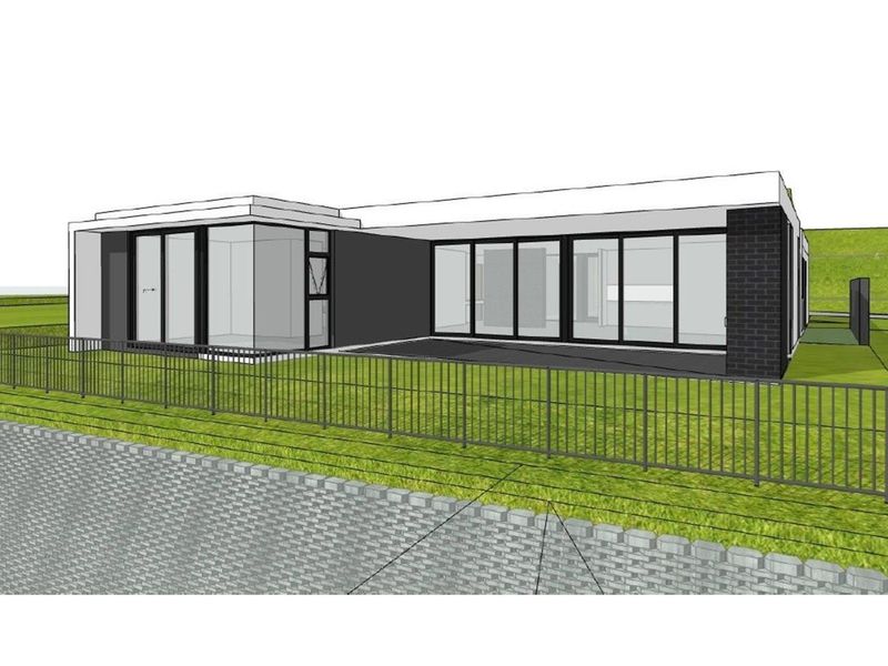 A 3D architectural rendering of a modern house exterior featuring large sliding glass doors, a paved patio, and a metal perimeter fence.