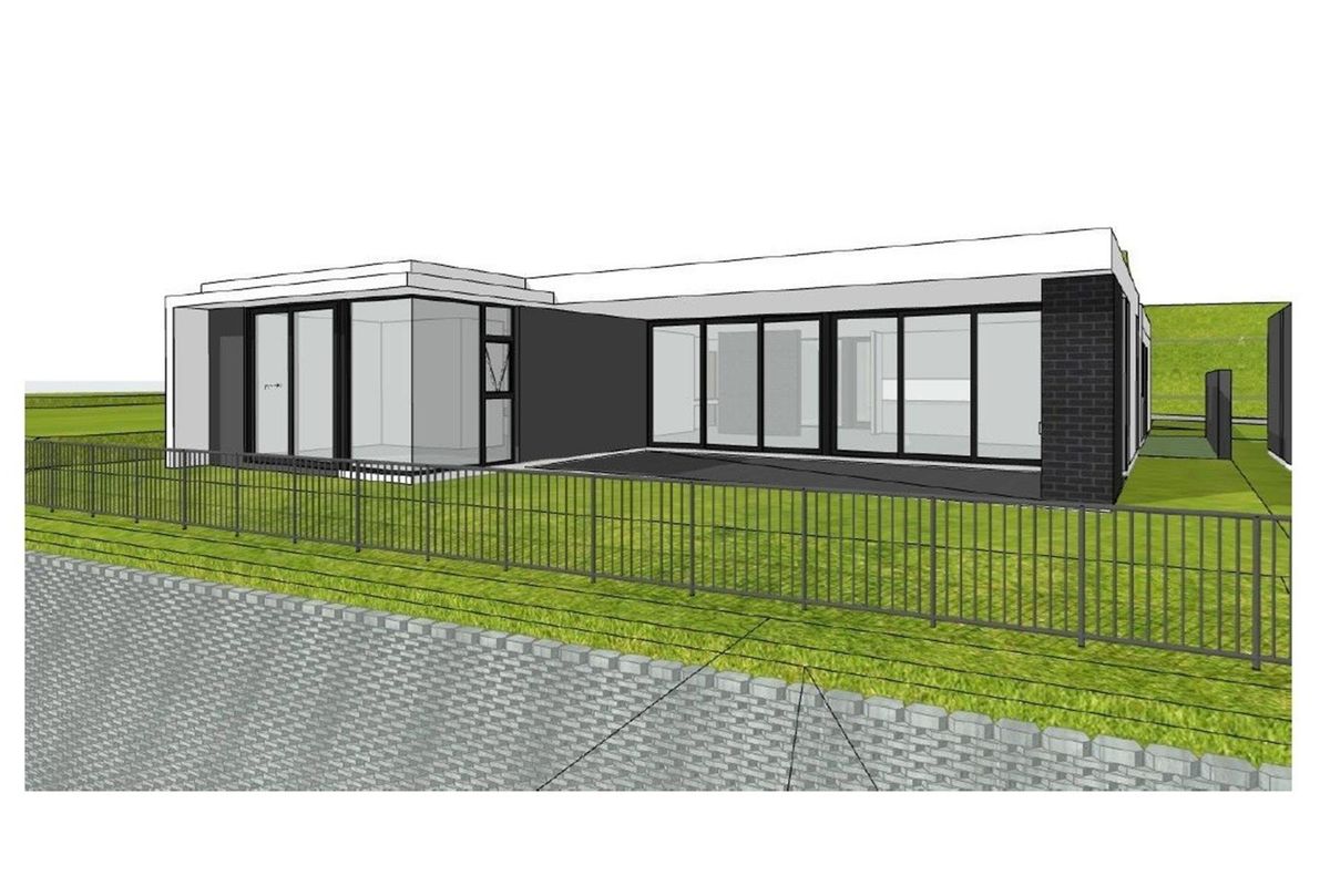 A 3D architectural rendering of a modern house exterior featuring large sliding glass doors, a paved patio, and a metal perimeter fence.
