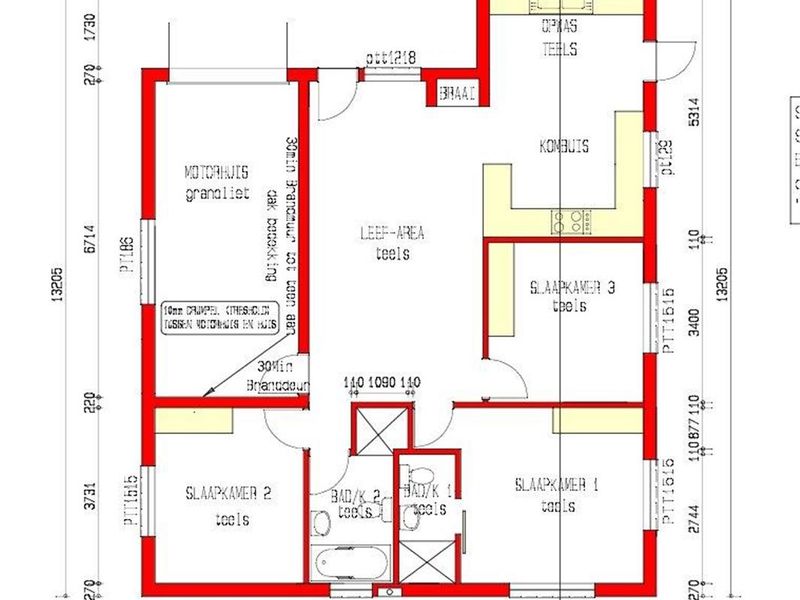A detailed architectural floor plan showing the layout of a residential house, including bedrooms, bathrooms, kitchen, and living areas.