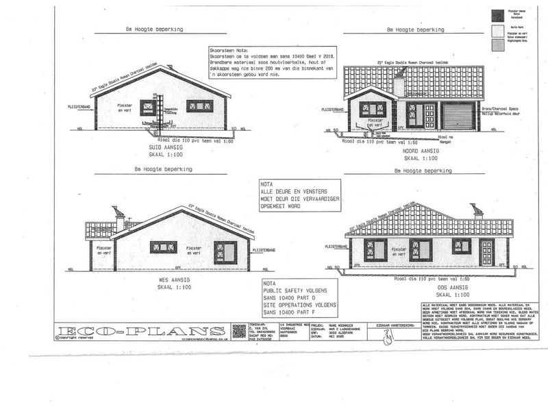 Architectural elevation plans for a residential house, detailing the front, rear, and side facades with roof and material specifications.