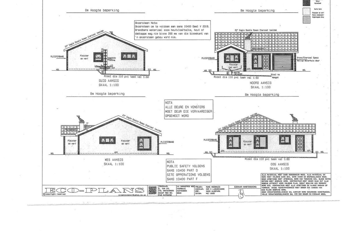 Architectural elevation plans for a residential house, detailing the front, rear, and side facades with roof and material specifications.