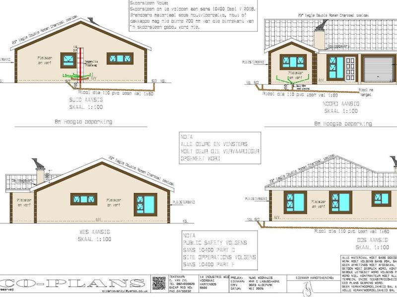 Architectural elevation drawings for a residential property, detailing exterior facade finishes, roof specifications, and structural dimensions.