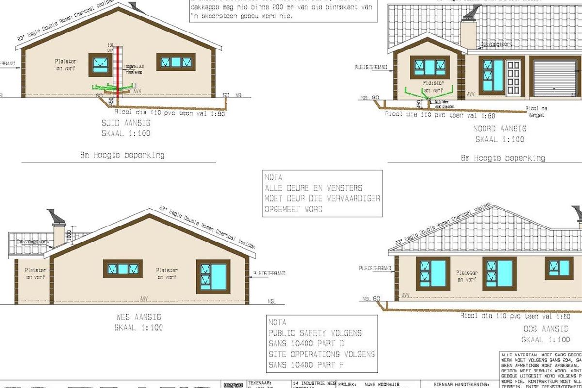 Architectural elevation drawings for a residential property, detailing exterior facade finishes, roof specifications, and structural dimensions.