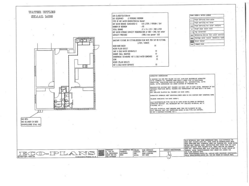 Technical water layout and plumbing schematic for the property, detailing hot water generation and storage specifications.