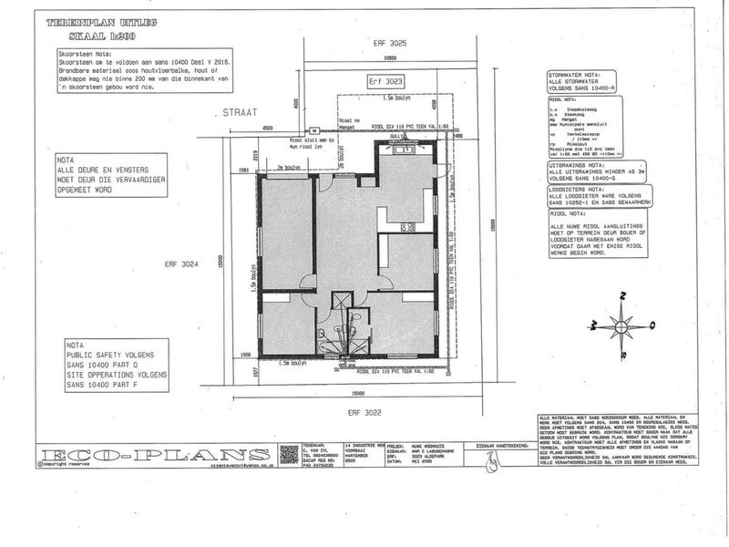 A detailed site plan and floor layout diagram for the property, outlining building dimensions, boundary setbacks, and drainage infrastructure.