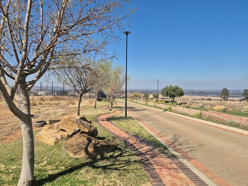 A well-maintained paved driveway and landscaped verge featuring brick edging, street lighting, and a low brick retaining wall within a residential estate.