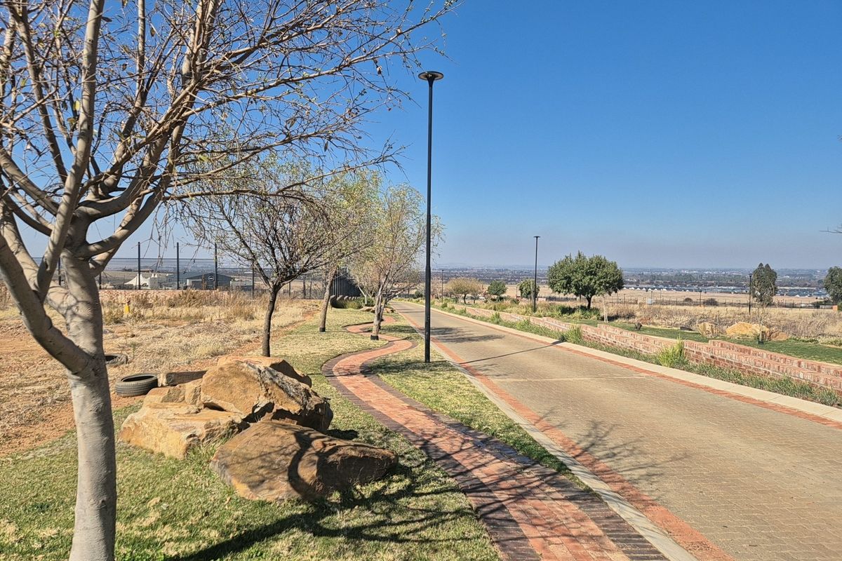 A well-maintained paved driveway and landscaped verge featuring brick edging, street lighting, and a low brick retaining wall within a residential estate.