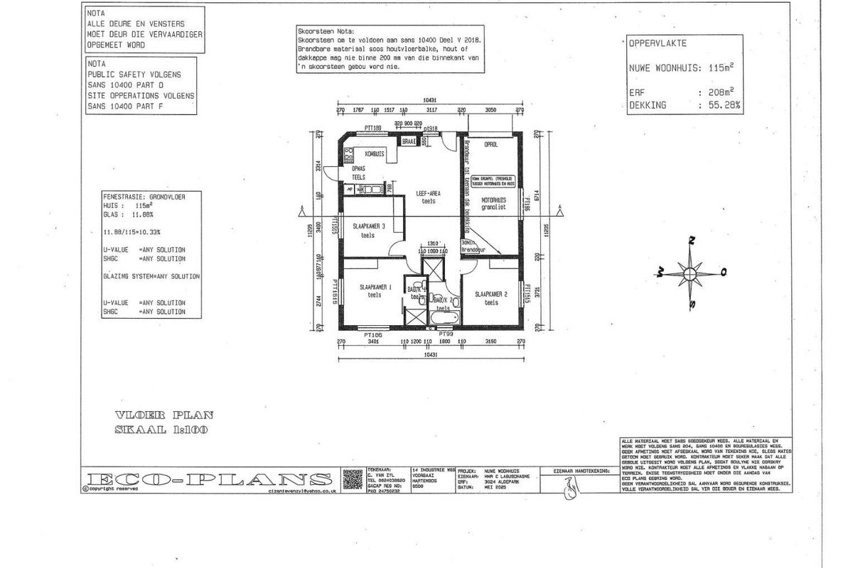 Architectural floor plan for a 115 square meter residential dwelling on a 208 square meter erf.