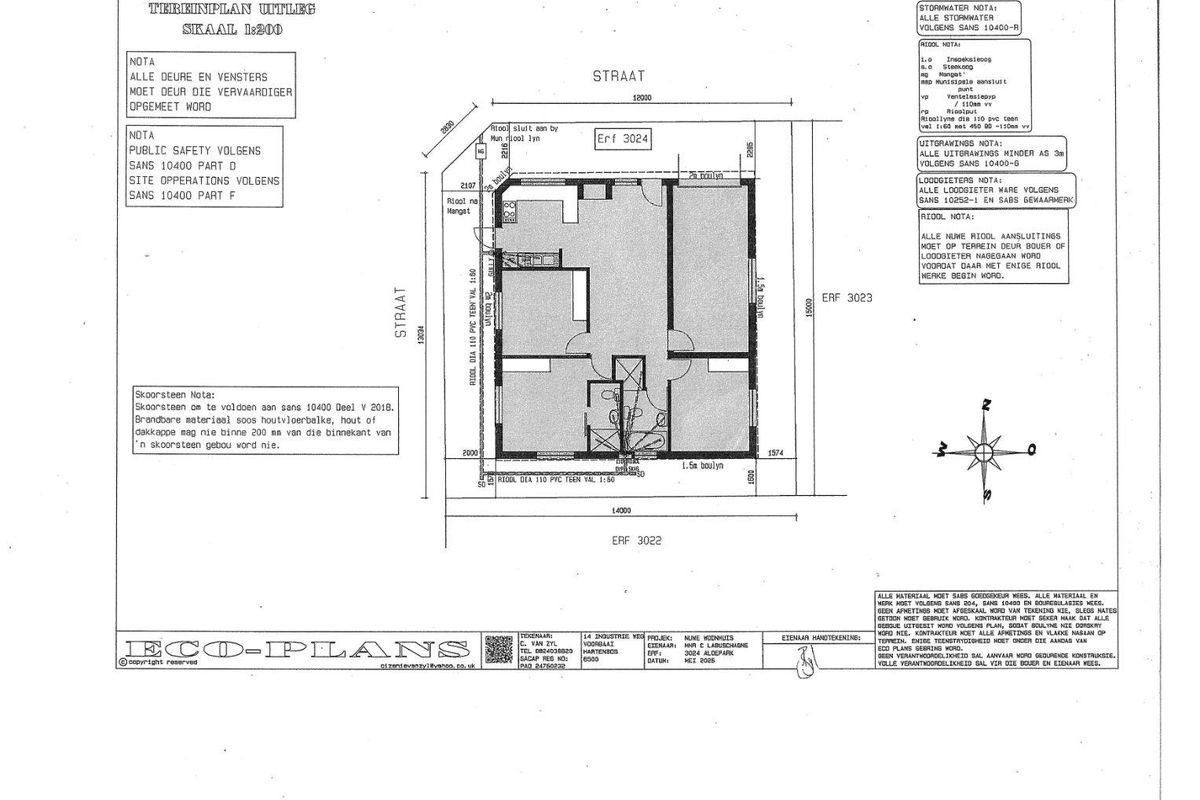 A detailed architectural site plan for Erf 3024, showing property boundaries, building footprint, and drainage infrastructure.