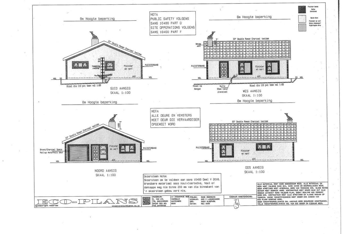 Architectural elevation drawings for a residential property, detailing exterior facades, roof pitch, and building specifications.