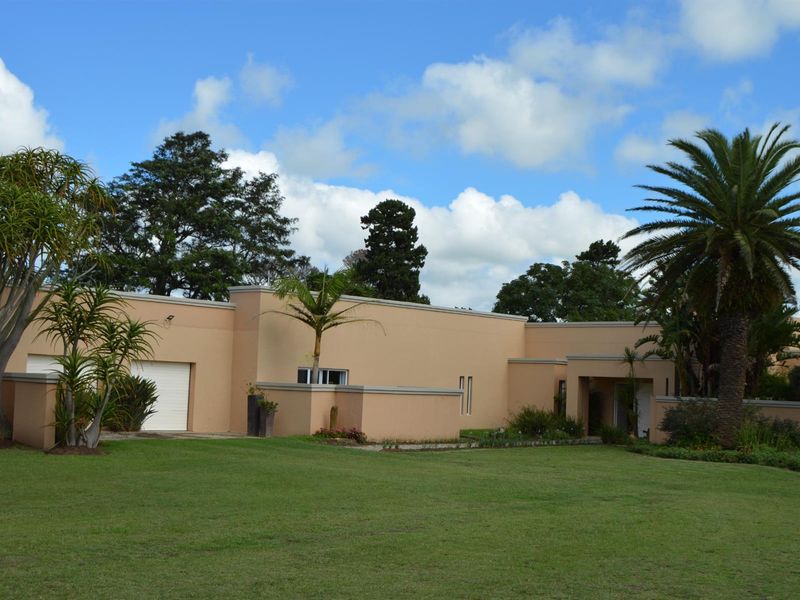 Front elevation of the property featuring a single garage, paved driveway, and expansive well-maintained lawn with mature palm trees.