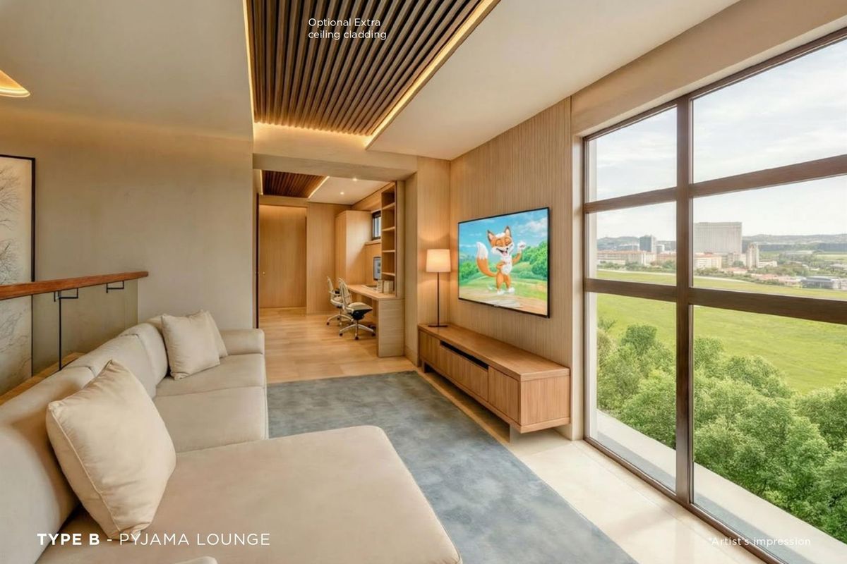 Modern pyjama lounge featuring timber-slat ceiling cladding, integrated cabinetry, and large floor-to-ceiling windows with expansive views.
