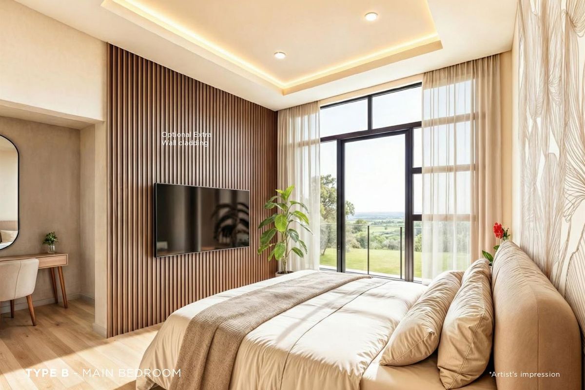 A modern, well-lit bedroom featuring timber slat wall cladding, recessed ceiling lighting, and large floor-to-ceiling windows with scenic views.