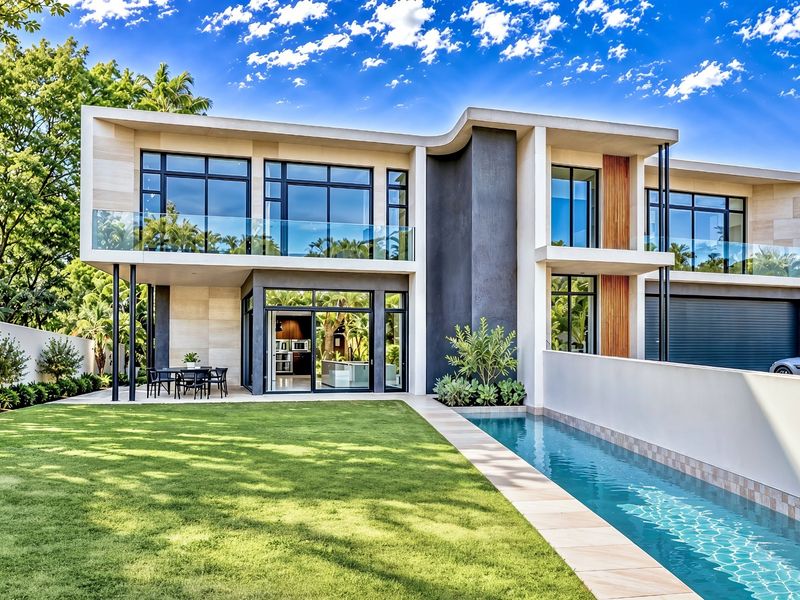 Modern two-story luxury residence featuring a sleek rear facade, glass balconies, a lap pool, and a well-maintained garden area.