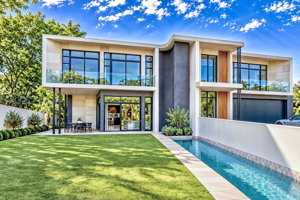 Modern two-story luxury residence featuring a sleek rear facade, glass balconies, a lap pool, and a well-maintained garden area.