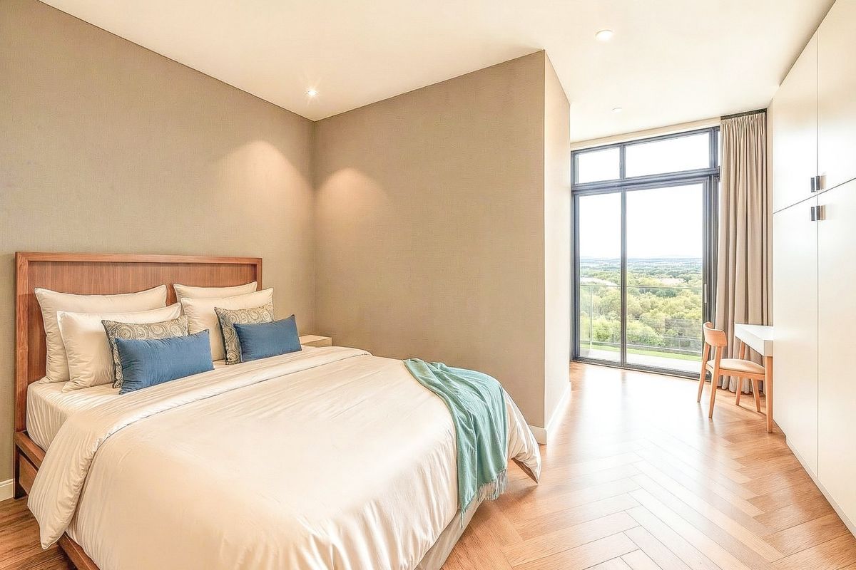 Modern bedroom featuring herringbone timber flooring, built-in cabinetry, and floor-to-ceiling glass doors opening to a scenic balcony view.