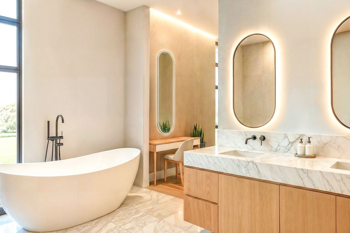 A luxurious modern bathroom featuring a freestanding bathtub, double vanity with marble countertop, backlit mirrors, and high-end finishes throughout.