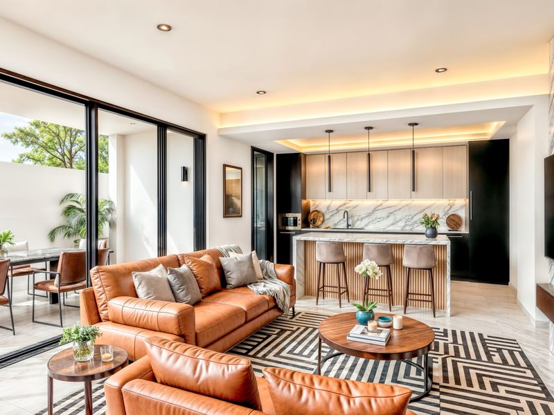 Modern open-plan living and kitchen area featuring a marble island, sleek cabinetry, and large sliding glass doors opening to an outdoor patio.