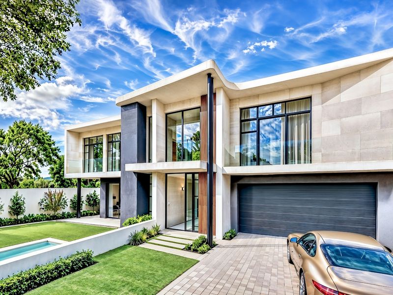Modern luxury two-story residence featuring stone cladding, expansive glass windows, a double garage, paved driveway, and a private swimming pool.