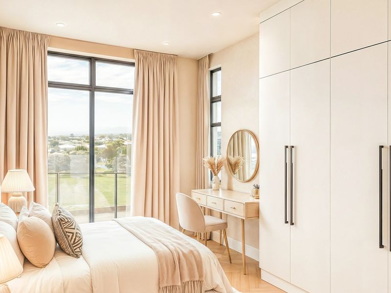 A bright, modern bedroom featuring floor-to-ceiling built-in wardrobes, herringbone timber flooring, and large windows offering expansive views.