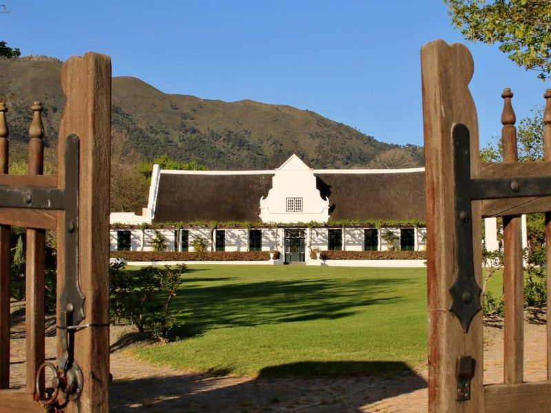 A picturesque view of a traditional Cape Dutch style farmhouse with a thatched roof, framed by a rustic timber gate and manicured lawn.