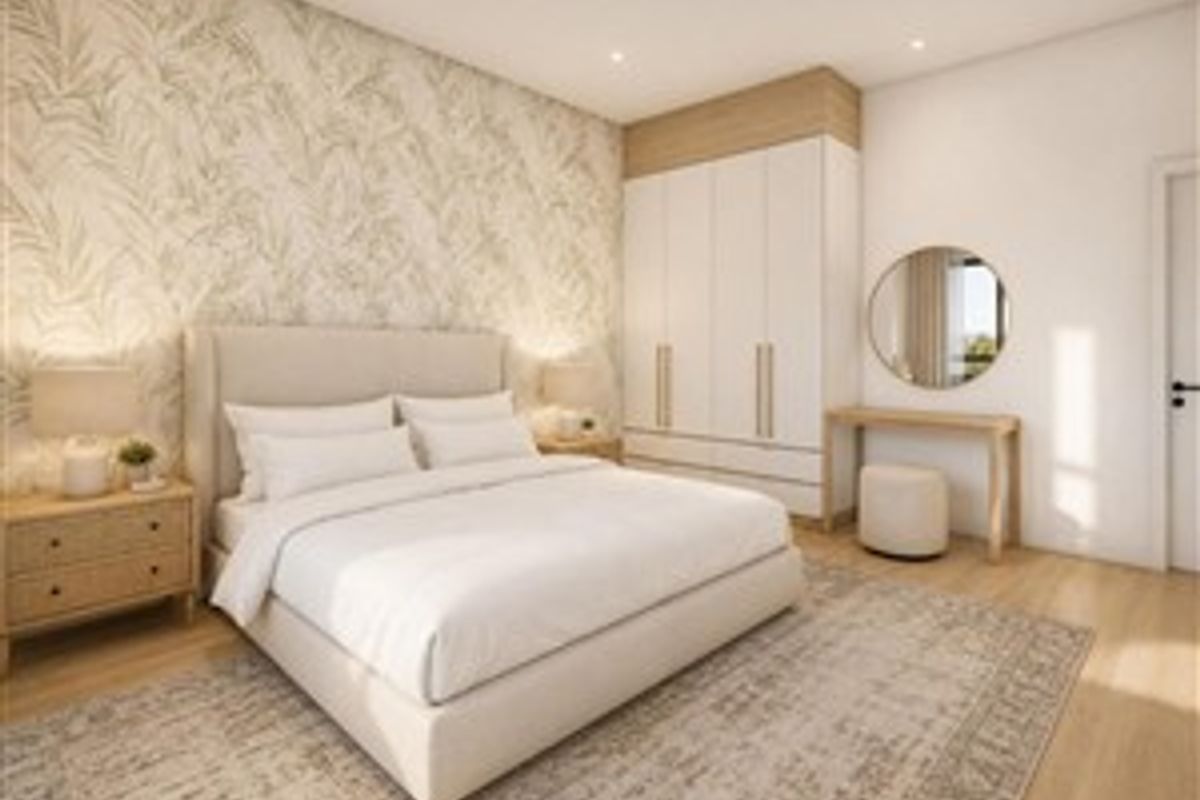 A modern, well-appointed bedroom featuring built-in wardrobes, neutral wallpaper, and recessed lighting, creating a bright and comfortable living space.