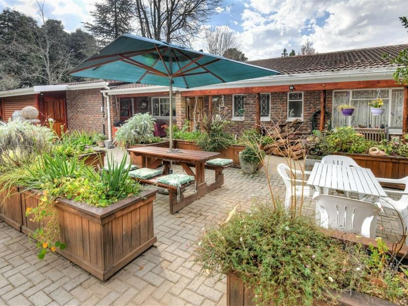 A spacious rear patio area featuring brick paving, built-in timber planter boxes, and a covered pergola structure attached to the main house.