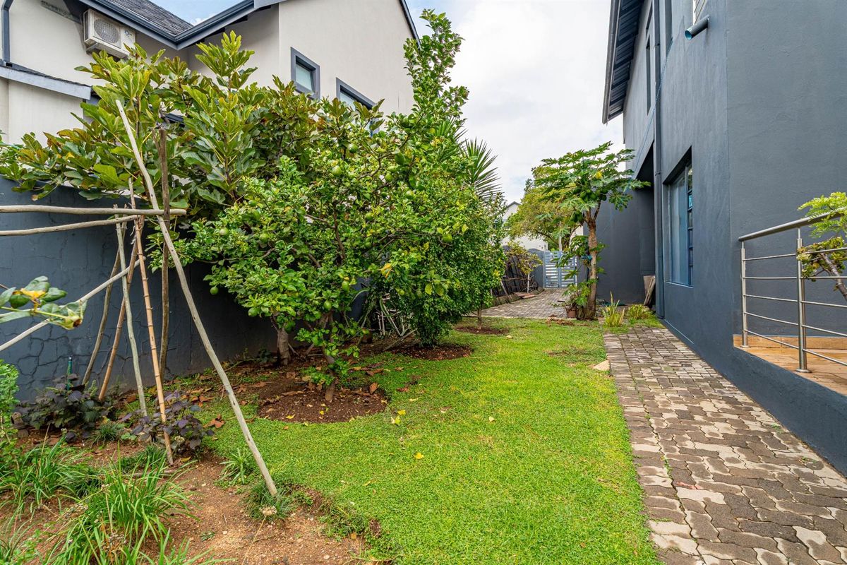 A side garden area featuring a paved walkway, established fruit trees, and a boundary wall alongside the main house structure.