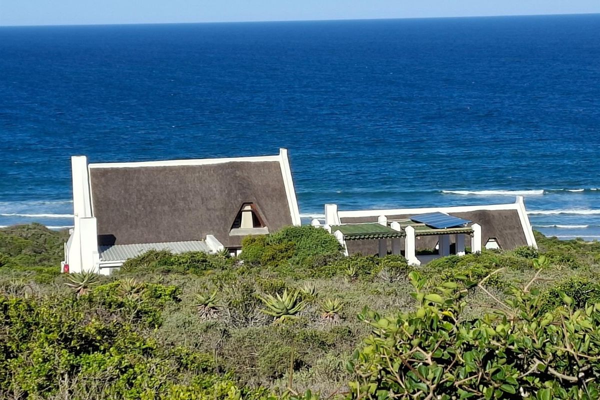 Elevated view of a coastal residence featuring a traditional thatched roof, solar panels, and a patio, set against a scenic ocean backdrop.